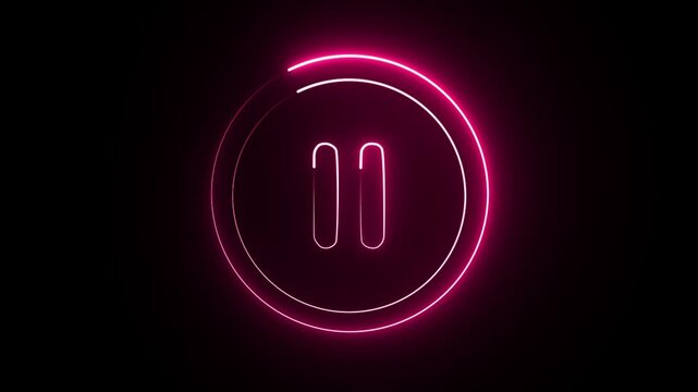 A vibrant neon pause button in pink, illuminated against a stark, black background.