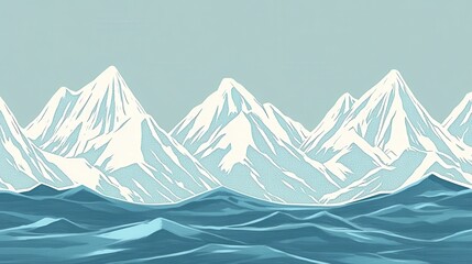 A stylized illustration of a mountain range over water.
