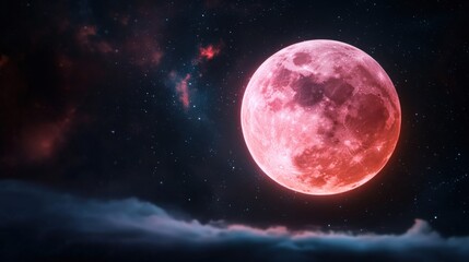Obraz premium A hyper-realistic floating pink moon with radiant textures against a dark cosmic backdrop