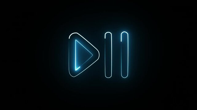 Vibrant blue neon play and pause symbols glowing brightly on a dark backdrop.