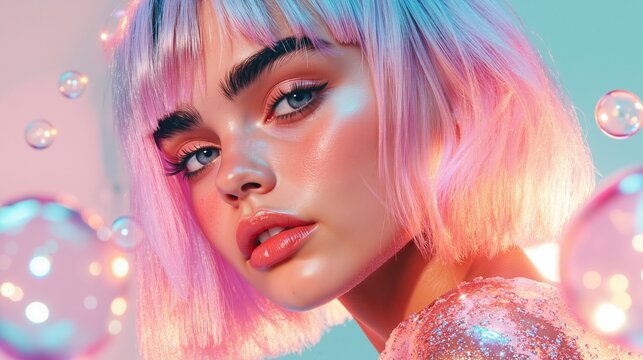 Woman with pastel pink and blue hair surrounded by soap bubbles on turquoise background. Fantasy beauty and dreamy portrait concept. Blue eyes and coral lips. Cosmetic sale and beauty trends