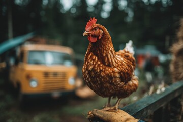 Close-up of a brown hen perched on a gloved hand, against a blurred background of trees and an old yellow bus, creating a rustic farm scene.