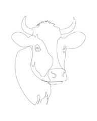 Minimalist continuous line art drawing of a cow head with horns front view sketch outline farm animal illustration isolated on white background
