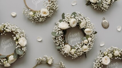 Elegant floral wreaths adorned with roses and baby’s breath, perfect for decoration or special occasions