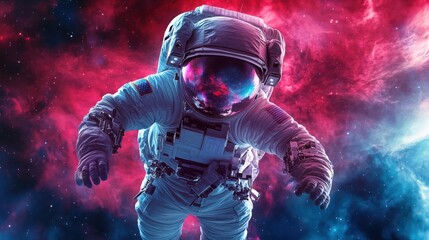 Fototapeta premium A levitating astronaut spinning weightlessly in an otherworldly nebula