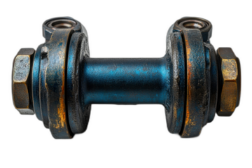 Blue pipe fitting with threaded ends, hexagonal shape, and circular opening in the center, isolated on transparent background.