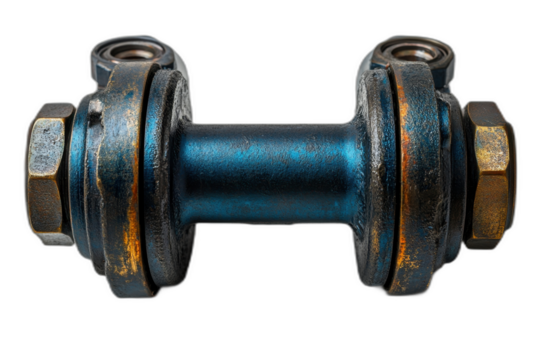 Blue pipe fitting with threaded ends, hexagonal shape, and circular opening in the center, isolated on transparent background.