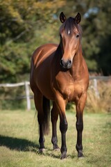 Obraz premium Calm brown horse standing on green grass in bright sunlight 