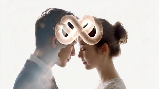 double exposure cinematic infinity heart with titan symbol in wedding minds, emotional wedding concept of infinity heart with titan symbol, wedding double exposure infinity heart slow transition