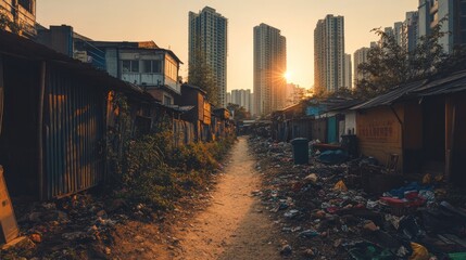 Fototapeta premium Sunset Over Slums: A stark contrast between urban development and impoverished living conditions.