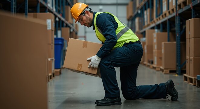 Warehouse worker kneeling to lift cardboard box using proper technique. Workplace safety and ergonomic lifting. Manual material handling and back injury prevention. Occupational health guidelines