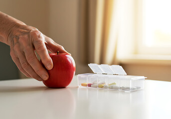 Hand reaching for red apple next to pill organizer on table  