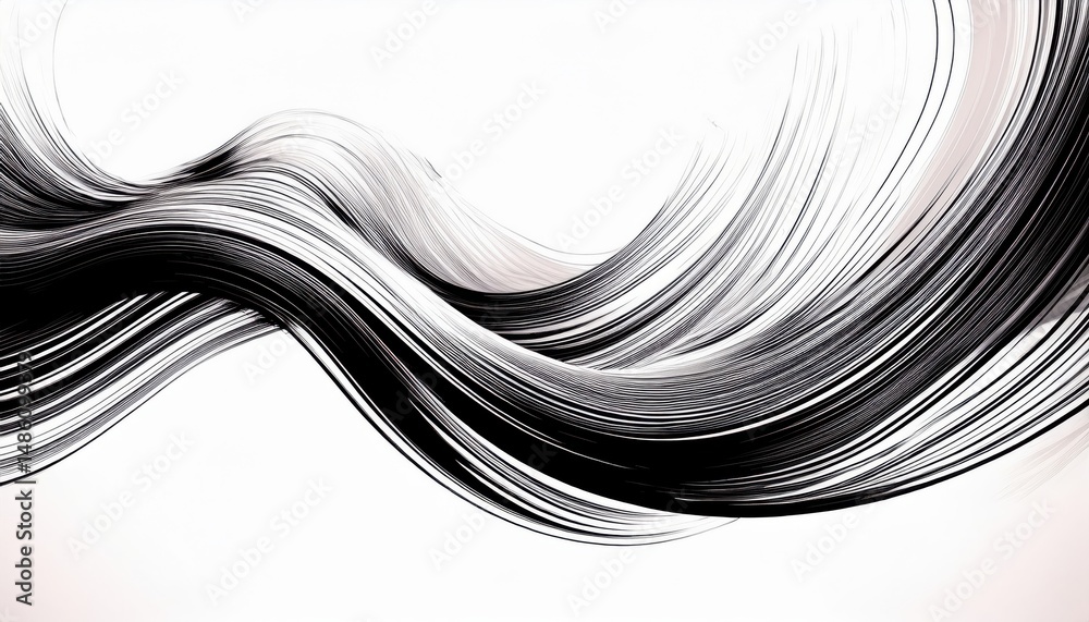 Poster fluid black and white abstract wave lines with fine hair-like texture for modern web design, brandin