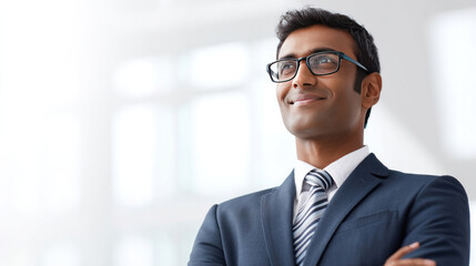 Fototapeta premium Visionary Businessman: A confident professional in a sharp suit, with glasses, gazes into the distance, embodying ambition and foresight in a modern workplace. 