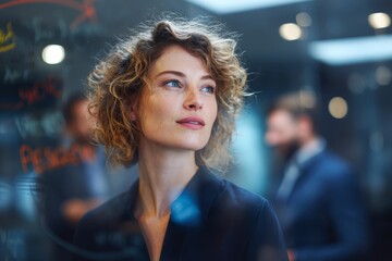 An elegant woman with curly hair looking up thoughtfully, surrounded by her colleagues.