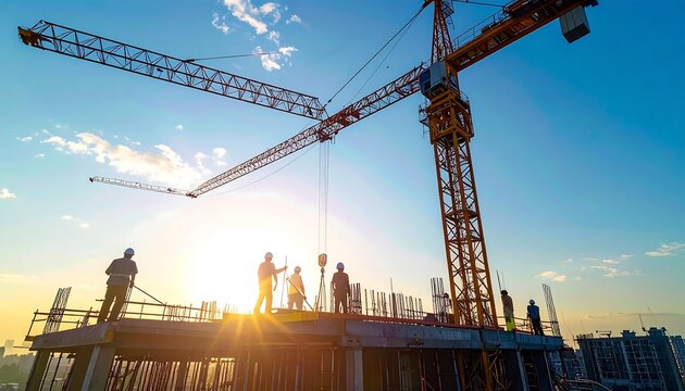 Construction Site At Sunset With Crane And Silhouetted Workers