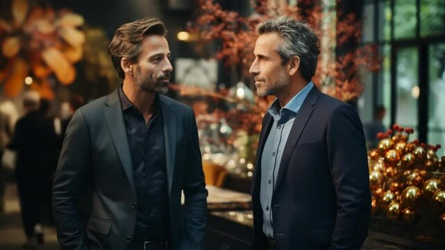Two well-dressed men converse amiably in a stylish venue adorned with seasonal decorations. The ambiance radiates warmth and sophistication as they share insights and laughter