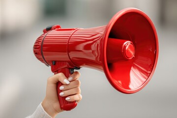 A woman's hand holding a bright red megaphone with a blurred background, possibly for announcements, protests or public speaking events, promoting communication.