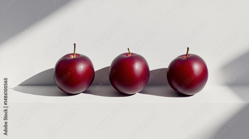 Leinwandbilder three ripe red plums arranged in a row on a white surface, illuminated by sunlight casting shadows.