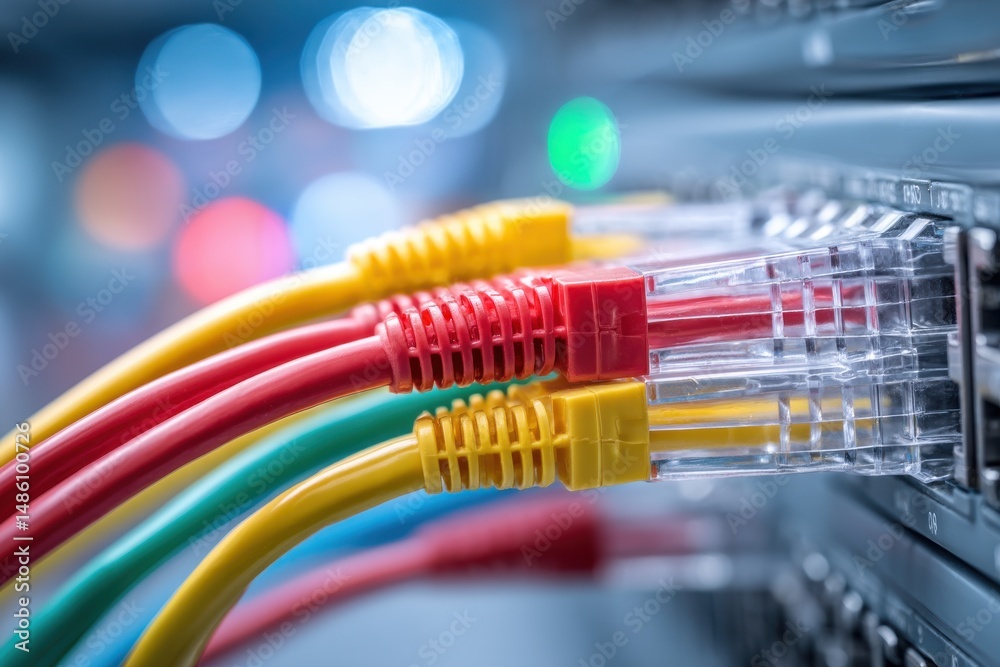 Poster close-up of a network patch panel with colorful ethernet cables plugged in, showing a connected and 