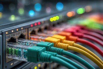 A network switch with colorful ethernet cables plugged in, indicating a strong internet connection for data transfer and communication, with led lights.