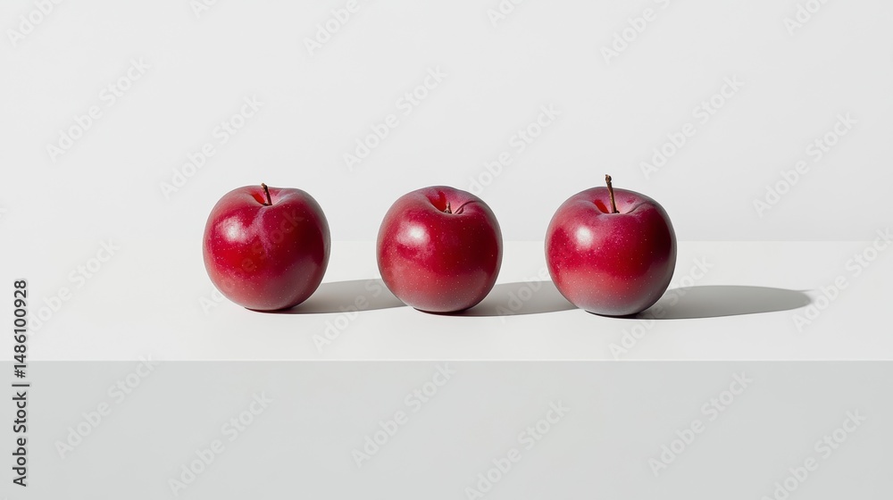 Poster three ripe red plums arranged in a row on a white surface, cast a slight shadow.