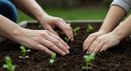 Hands planting seedlings in garden soil. Close-up of caucasian people working together. Gardening and agriculture concept. Earth Day, spring planting season. Sustainable farming