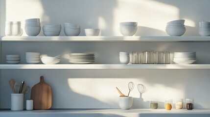 White kitchen shelves filled with dishes and utensils. Sunlight streams in