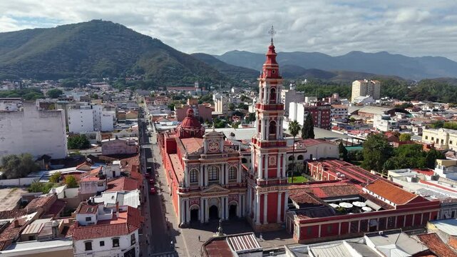 Salta, Argentina, May 4, 2025: Aerial video of the Church of San Francisco - Salta, Argentina.