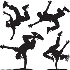 Energetic kids breakdancing silhouettes action poses