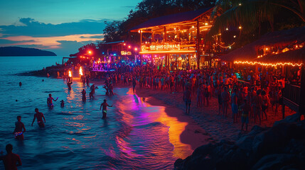Full Moon Party on Haad Rin Beach, Koh Phangan, Thailand, vibrant crowd dancing under the full moon, neon body paint glowing, colorful lights reflecting off the waves