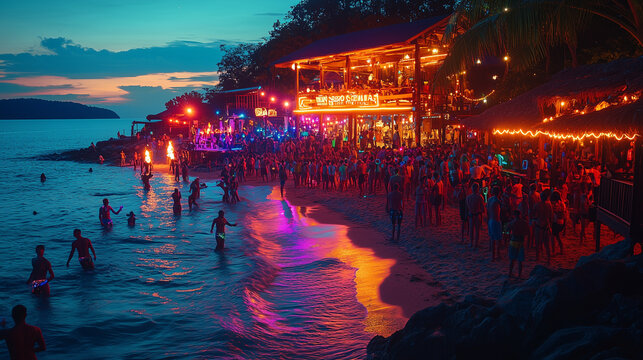 Full Moon Party on Haad Rin Beach, Koh Phangan, Thailand, vibrant crowd dancing under the full moon, neon body paint glowing, colorful lights reflecting off the waves