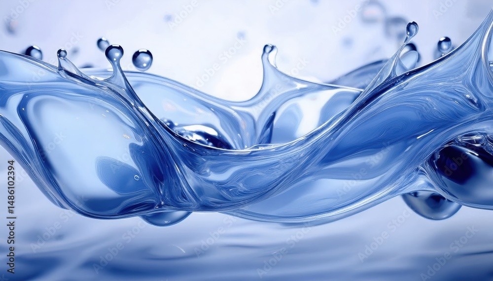 Poster fluid blue water splash wave in motion with transparent ripples and droplets for abstract web background, print media visual, branding texture or digital design element

