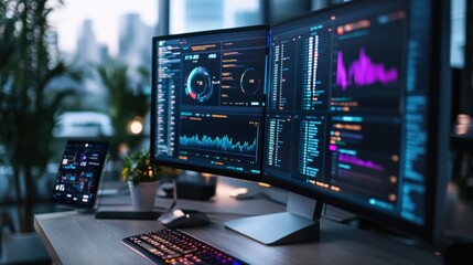 A modern workspace with large monitors displaying data analysis, finance reports, and futuristic UI elements, with copy space