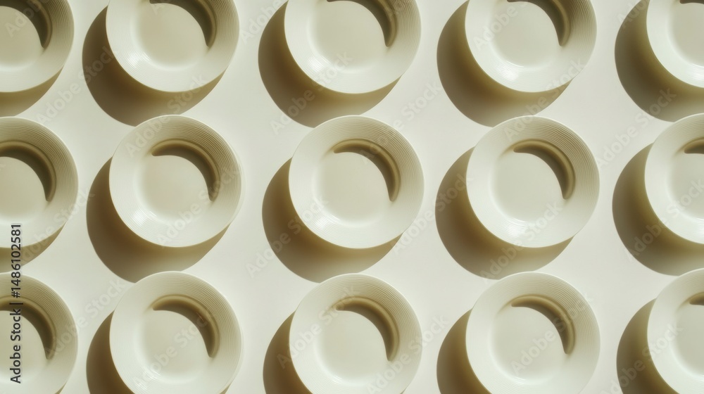 Aufkleber overhead shot of many small, empty, round, white bowls arranged in a grid pattern, casting shadows.