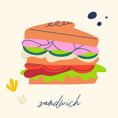 Colorful sandwich illustration with layers of fresh ingredients, including lettuce, tomatoes, cheese, and sliced deli meat. Ideal for food packaging, menu designs, and culinary blogs