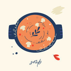 Decorative soup illustration with mushrooms, herbs, and spices in a round bowl. Bright and playful food art, perfect for culinary projects and restaurant branding
