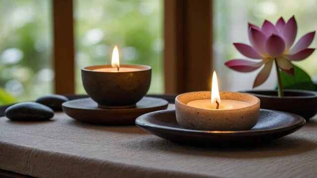 Realistic Photo of a Spa Room with flickering candles and black stones and a lotus flower. Brown background
