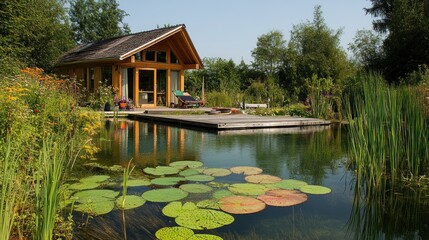 Wooden cabin by a pond with lily pads