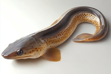 Close-up of a spotted aquatic fish with elongated body and small fins resting on a white surface