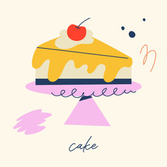 Slice of cake with cherry on top. Flat vector illustration for bakery branding, dessert menus, and sweet treat designs