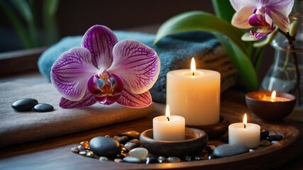 Pink Orchid with Spa Candles and Zen Stones with a brown background