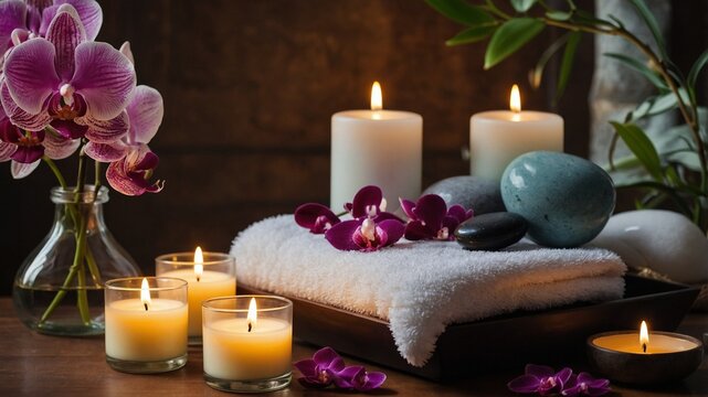 Pink Orchid with Spa Candles and Zen Stones with a brown background