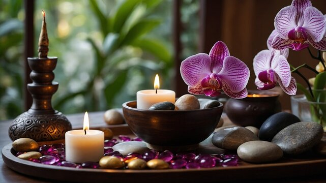 Pink Orchid with Spa Candles and Zen Stones with a brown background