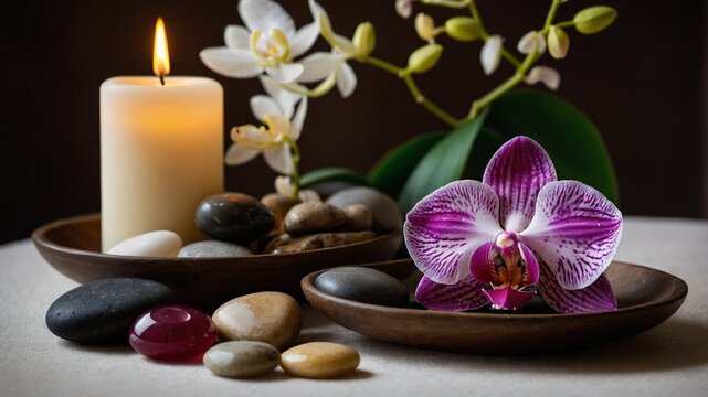Pink Orchid with Spa Candles and Zen Stones with a brown background