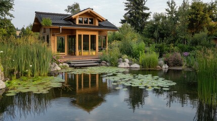 Wooden garden house by pond