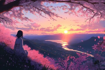 Sunset view from hilltop with woman