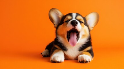 Yawning puppy, orange backdrop