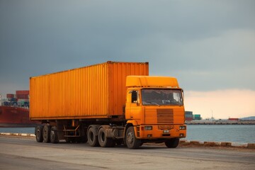 Orange Semi-Truck Docked at Cloudy Shipping Port
