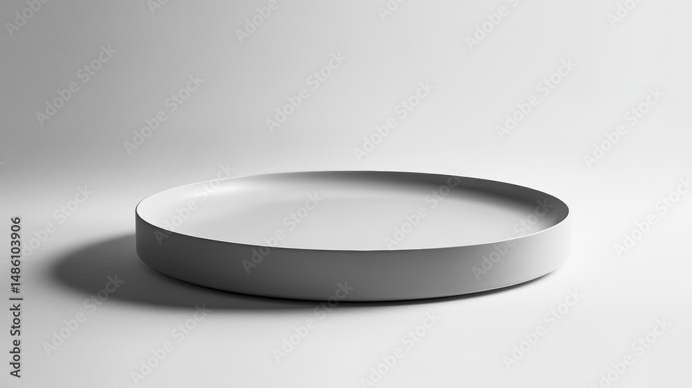 Poster a minimalist white round tray on a white background, showcasing its simple design and smooth surface